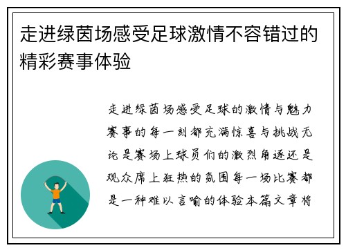 走进绿茵场感受足球激情不容错过的精彩赛事体验